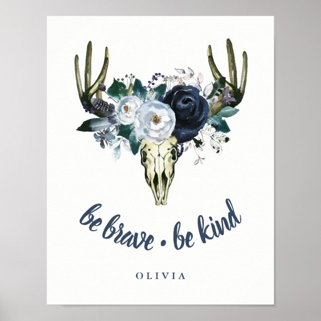 Boho Skull och Blue Peonies | Var Modig, var vänli Poster (Framsidan)