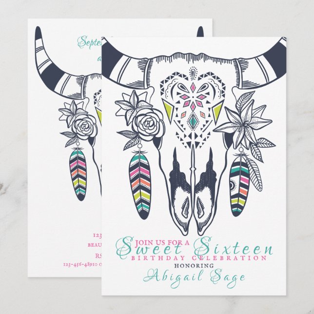 Boho Skull Turkvoise på Rosa Sweet sixteen Birthda Inbjudningar (Fram/baksida)