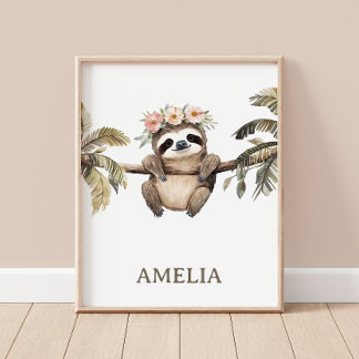 Boho Sloth Jungle Animal Nursery Wall Poster