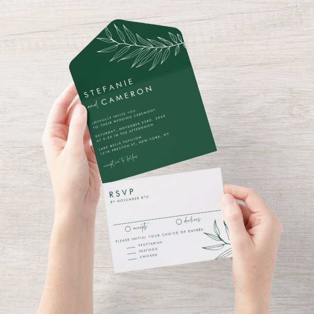 Boho Smaragdgrön Minimalistisk Lövbröllop (Avrivbar del)