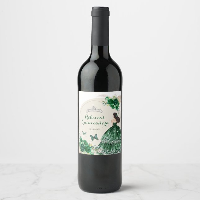 Boho Smaragdgröna Rosor Princesa Quinceañera Vinflaska Etikett (Framsida)