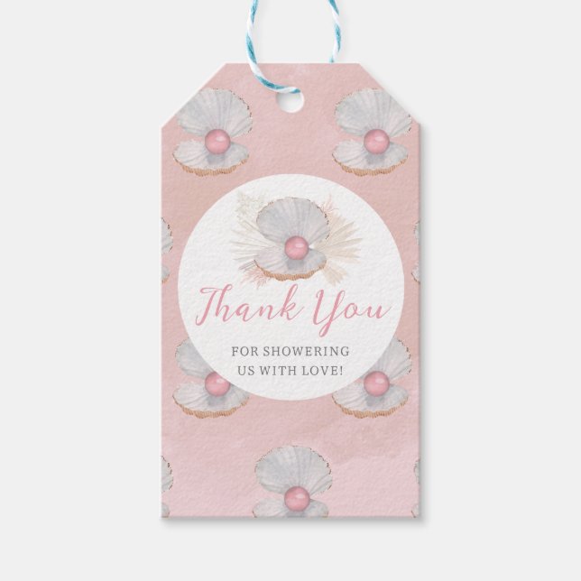 Boho Snäcka Rosa Pearl Ocean Baby Shower-favoritta Presentetikett (Framsidan)