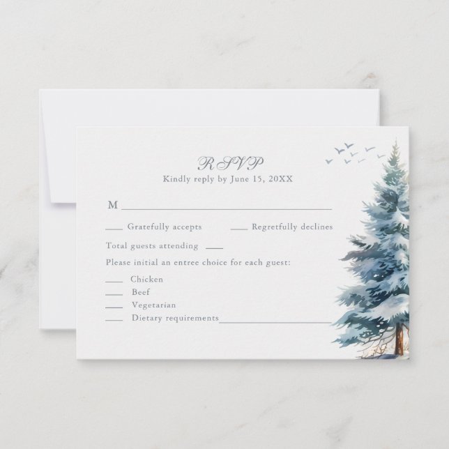 Boho Snowy Mountain & Pine Trees Wedding RSVP Card OSA Kort (Framsida)
