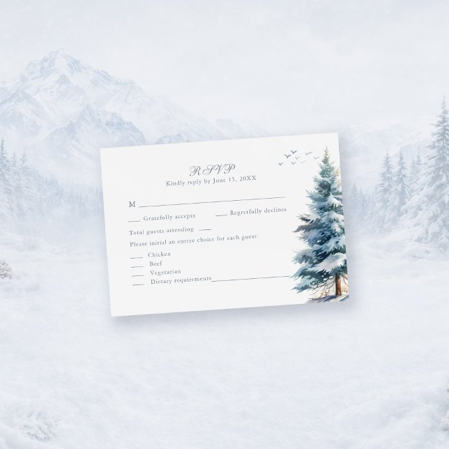 Boho Snowy Mountain & Pine Trees Wedding RSVP Card OSA Kort (Boho Snowy Mountain & Pine Trees Wedding RSVP Card)