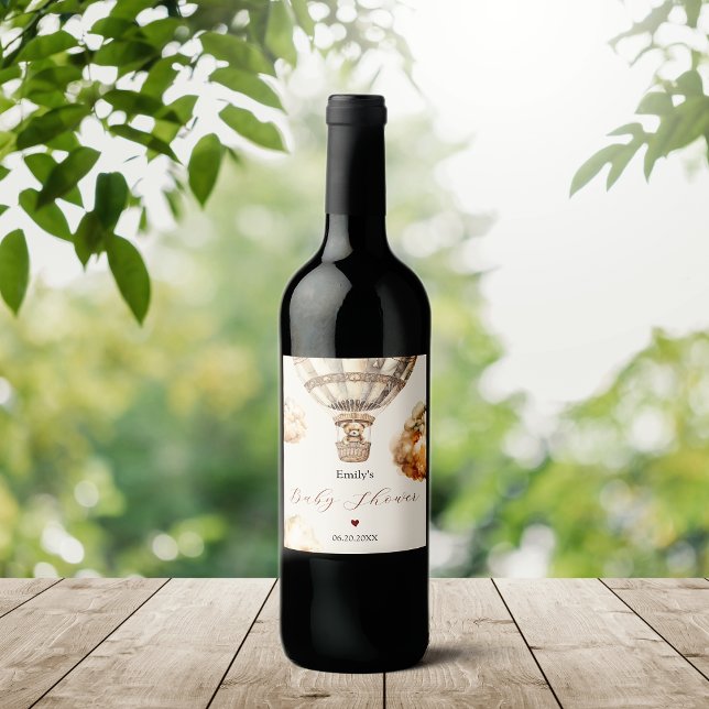 Boho Snyggt Bear Luft Balloon Clouds Baby Shower Vinflaska Etikett (Boho Stylish Bear Air Balloon Clouds Baby Shower Wine Label)