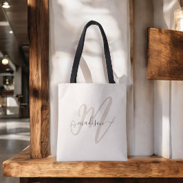 Boho Snyggt Script Monogram och Namn i Beige Tygkasse