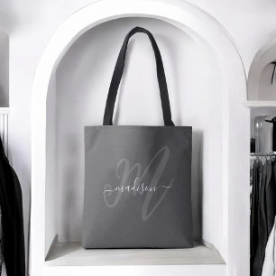 Boho Snyggt Script Monogram och Namn i Grått Tygkasse