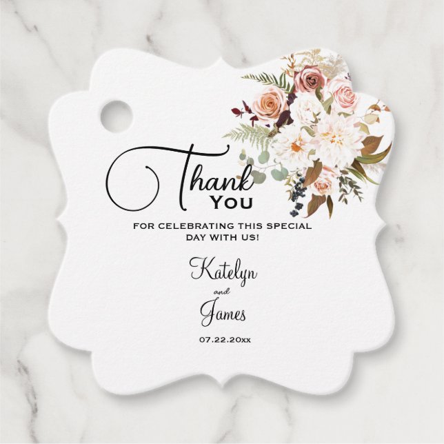 Boho Soft Färgad Ro/White Flowers Bröllop Gåvor Etiketter (Framsida)
