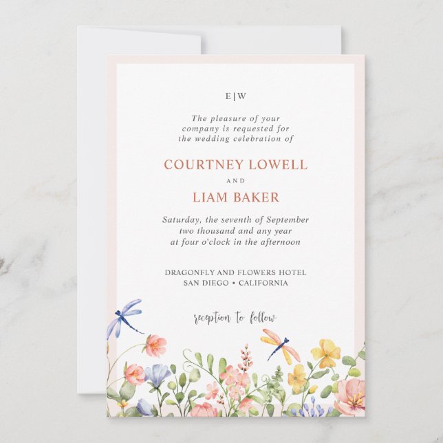BOHO soft Flowers and Dragonflies Garden Wedding Inbjudningar (Framsida)