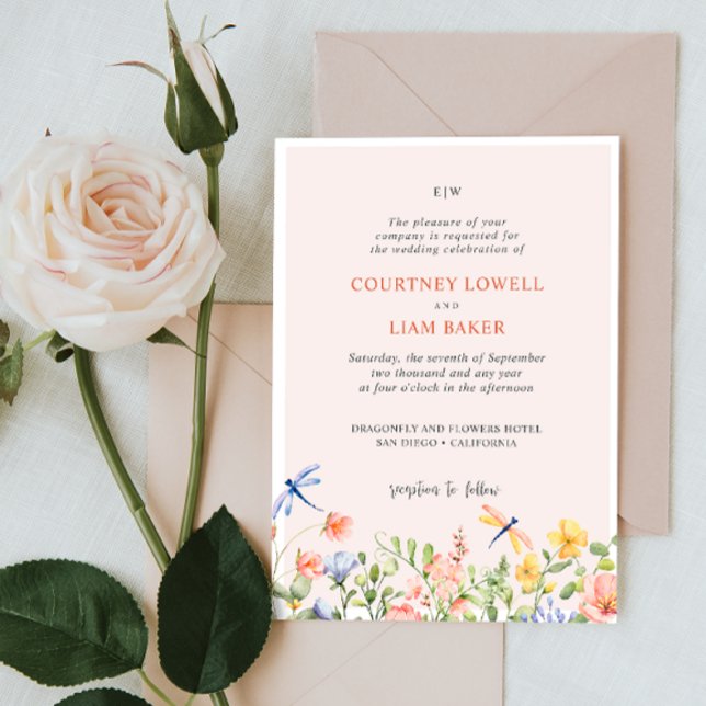 BOHO soft Flowers and Dragonflies Garden Wedding Inbjudningar (Skapare uppladdad)