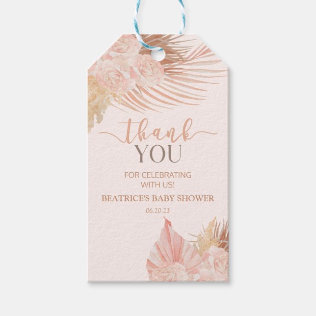 Boho Soft Rosa Blommig Baby Shower Presentetikett (Framsidan)