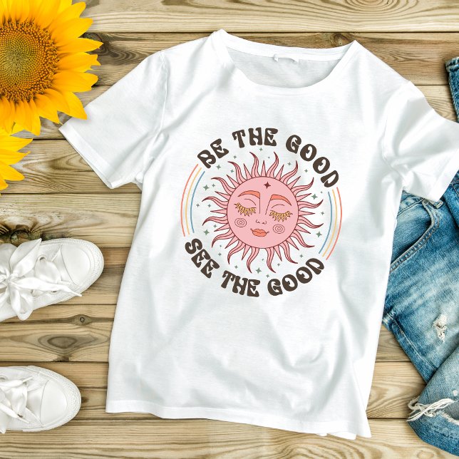 Boho Sol kan vara Bran och se Bra inspiration T Shirt (Boho Trendy Be the Good, See The Good, Sun Face Inspirational Motivational Women's T-shirt)