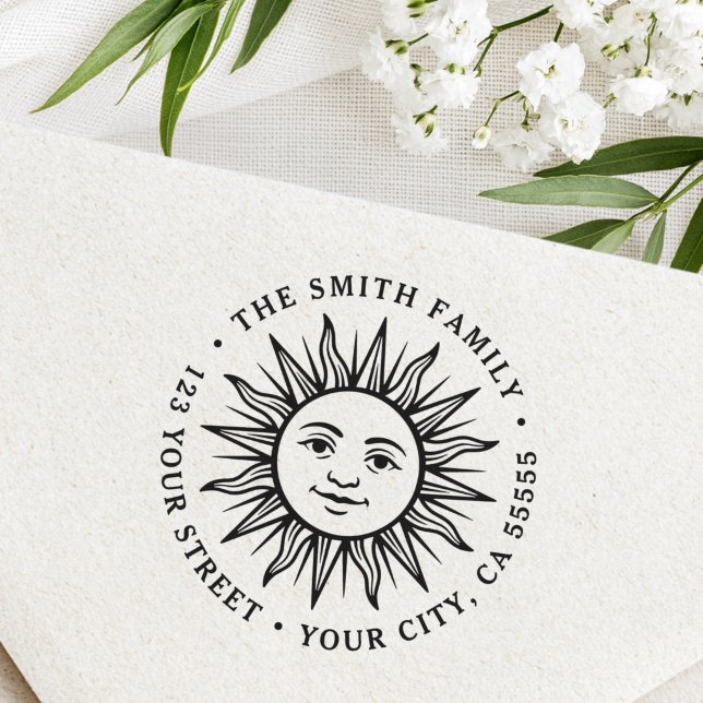 Boho sol karaktär returadress stämpel (Boho sun character return address rubber stamp)