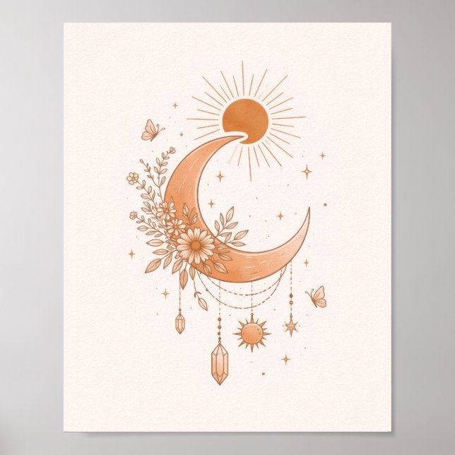 Boho Sol & Månad Minimalistisk Väggposter Poster (Framsidan)