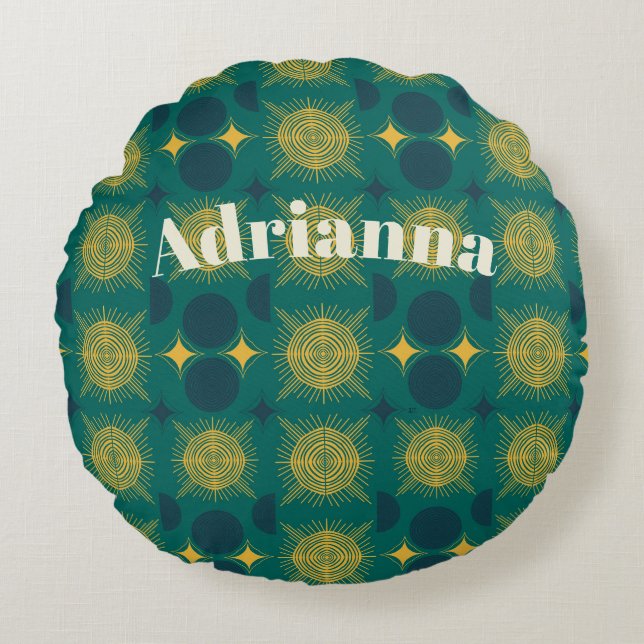 Boho Sol Måne Stars Baby Teal Gult Personlig Rund Kudde (Framsidan)