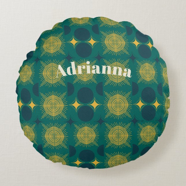 Boho Sol Måne Stars Baby Teal Gult Personlig Rund Kudde (Framsidan)