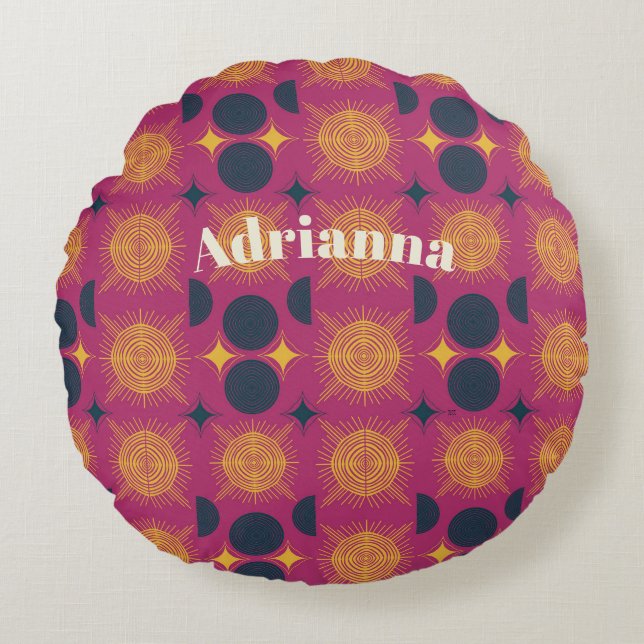 Boho Sol Måne Stars Rosa Blue Gult Personlig Rund Kudde (Framsidan)