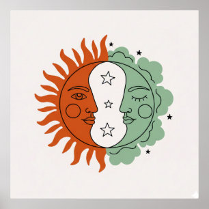 Boho Sol och Måne Ansikte Terrakotta Sälggrön Kons Poster