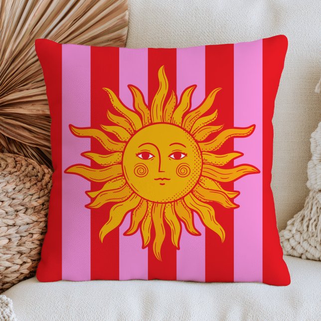 BOHO Sol på röda och rosa ränder Retro Maximalist  Kudde (Skapare uppladdad)
