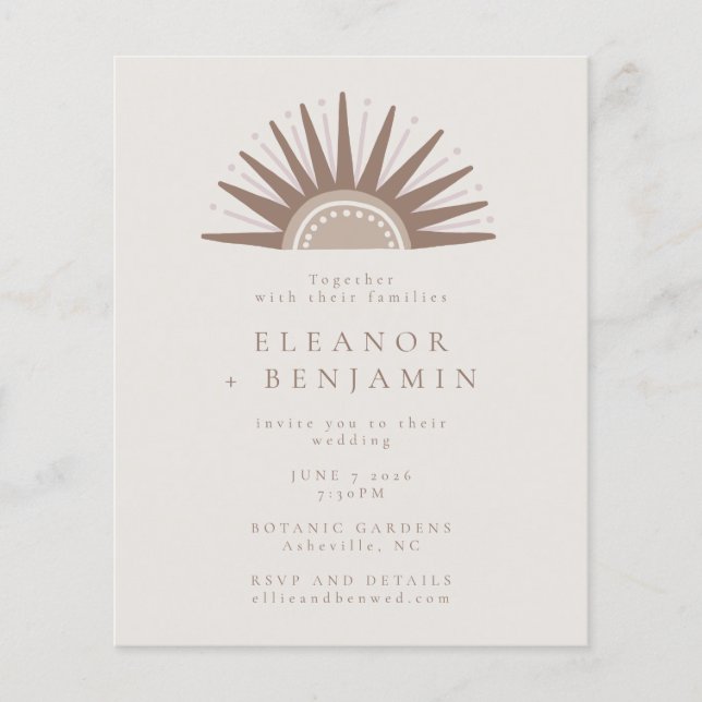 Boho Sol Taupe Unik inbjudan till budgetbröllop (Framsida)