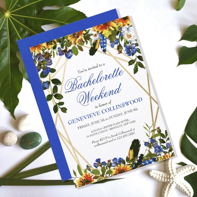 Boho Solros Blå Sällskapsresa Helg Itinerary Inbjudningar (PRETTY BOHO SUNFLOWER FEATHER BACHELORETTE WEEKEND PARTY INVITATION
)