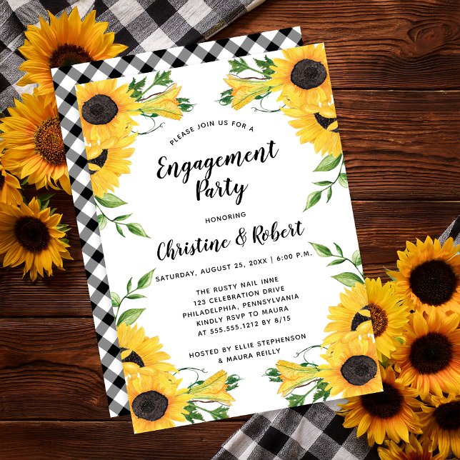 Boho Solros Blommigt | GRÖNTENS FÖRLOVNINGSFEST i Inbjudningar (Sunflowers and Black and White Checks Engagement Party Invitation - Print | Digital Download)