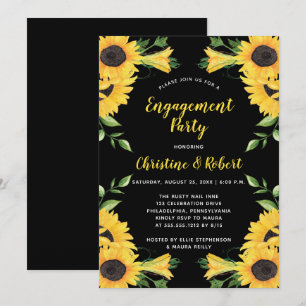 Boho Solros Blommigt   Svart Förlovningsfest Inbjudningar