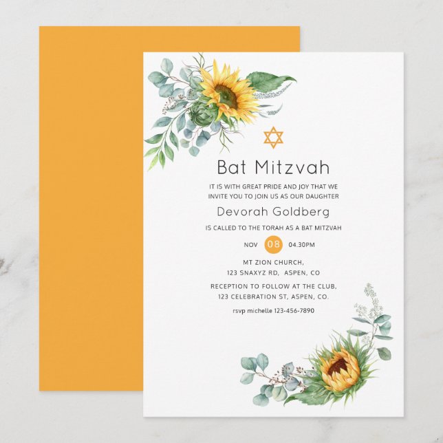 Boho Solros Eucalyptus Bat mitzvah Inbjudningar (Fram/baksida)