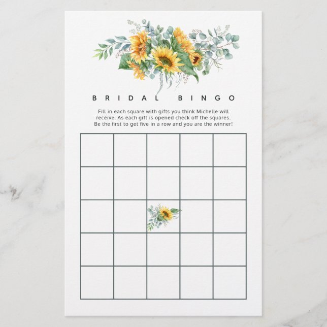 Boho solros eukalyptus bröllopsdusch bingo (Framsida)