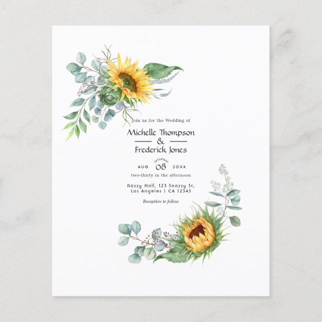 Boho Solros Eukalyptus Bröllopsinbjudan Flygblad (Framsidan)