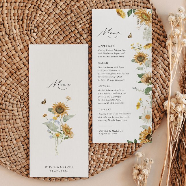Boho Solros Golden Rays Blommigt Elegant bröllop Meny (Back/Front)