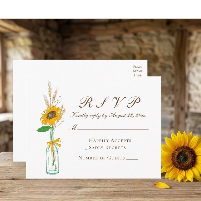Boho Solros Gul Blommig Rustik Bröllop RSVP Inbjudan Vykort (Skapare uppladdad)