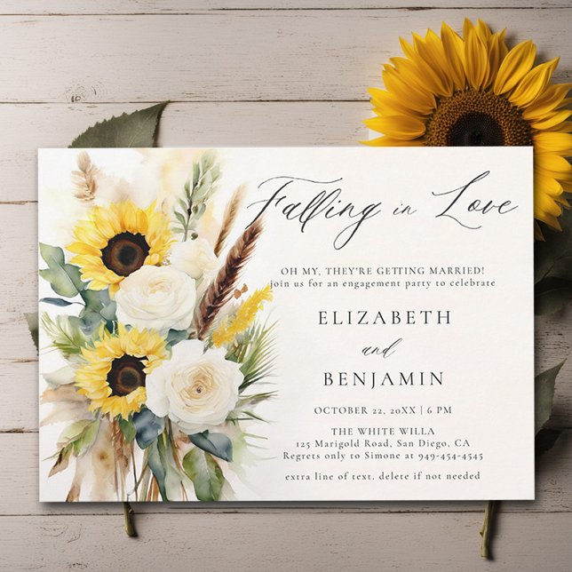 Boho Solros Ro Pampas Rustic Förlovningsfest Inbjudningar (fall engagement party invitation rustic sunflower rose boho pampas dry grass watercolor elegant rust)