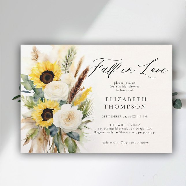Boho Solros Ro Pampas Rustic Möhippa Inbjudningar (fall in love bridal shower invitation sunflower boho pampas terracotta watercolor elegant modern )