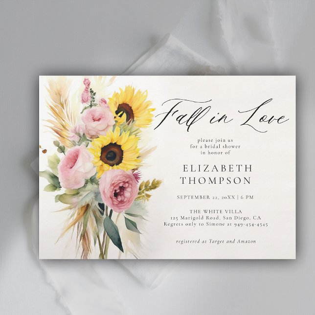 Boho Solros Rosa ros Rustic Chic Möhippa Inbjudningar (fall in love bridal shower invitation sunflower rose boho pampas peony watercolor elegant rustic)