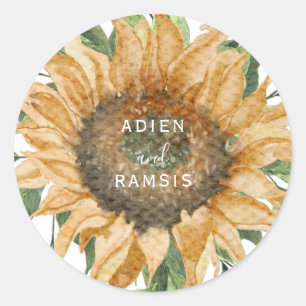 Boho Solros Rustic Wildblomma Bröllop Sticker Runt Klistermärke