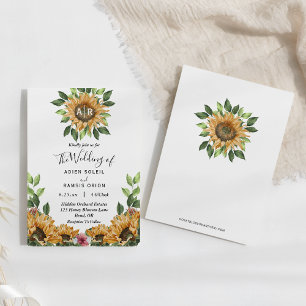 Boho Solros Rustic Wildblommonogram Bröllop Inbjudningar