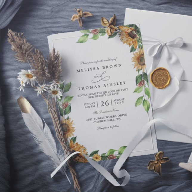 Boho Solros Rustik Elegant QR-kod Bröllop Inbjudningar (Skapare uppladdad)