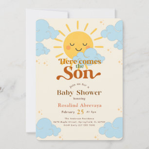 Boho solsken Här kommer solen Retro baby shower Inbjudningar