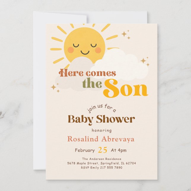 Boho solsken Här kommer sonen Retro Babyfirande Inbjudningar (Framsida)
