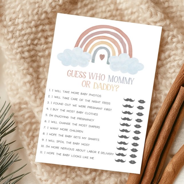 Boho solstråle Gissa vem som är Mamma eller Pappa  (Boho Rainbow Baby Shower Guess Who Mommy or Daddy Game)
