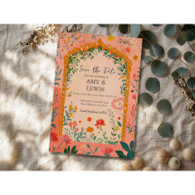 Boho sommar rosa blommig Spara datum inbjudan