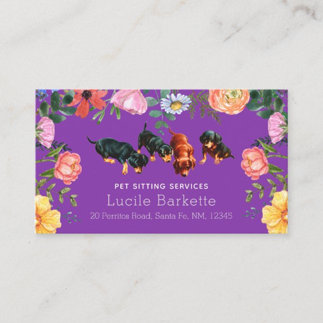 Boho Söt Dachshund Husdjursvård Vilda Blommor Lila Visitkort (Framsida)