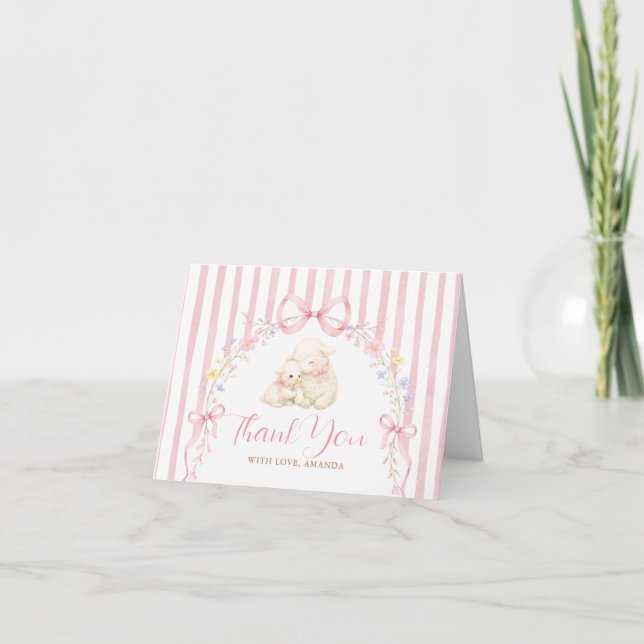 Boho söt en liten lamm Rosa band Gingham Tack Kort (Framsida)