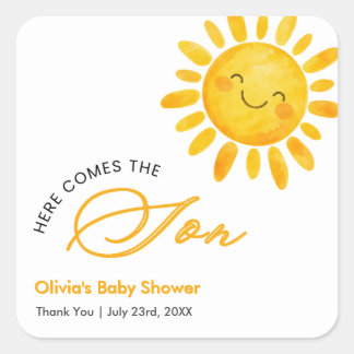 Boho Söt Här Kommer Solen Baby Shower Fyrkantigt Klistermärke