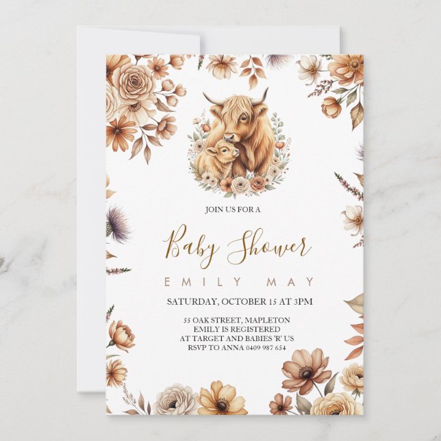 Boho Söt Highland Ko Baby Shower (Framsida)