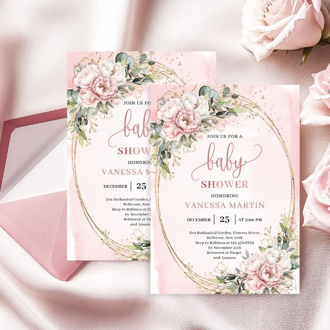 Boho Söt Rosa Blommig Grönska Flickor Barnkalas Inbjudningar (Sweet Blush Floral Greenery Girl Baby Shower Invite)
