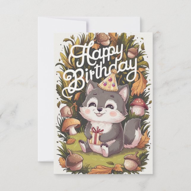 Boho Söt Varg Digital Birthday Kort (Framsida)