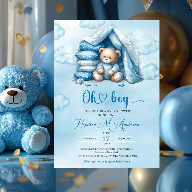 Boho söt vattenfärgsbrun nalle i tält inbjudningar (cute sleeping teddy bear - boy baby shower invitation)