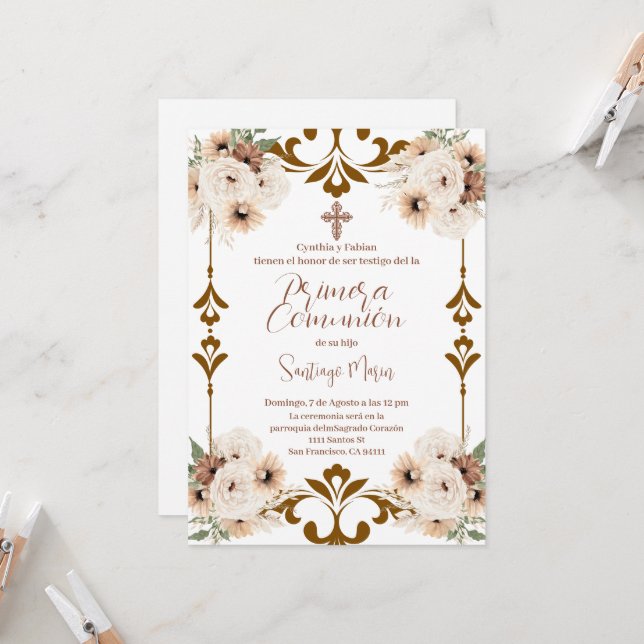 Boho Spain First Heliga Communion Inbjudningar (Fram/Back In Situ)